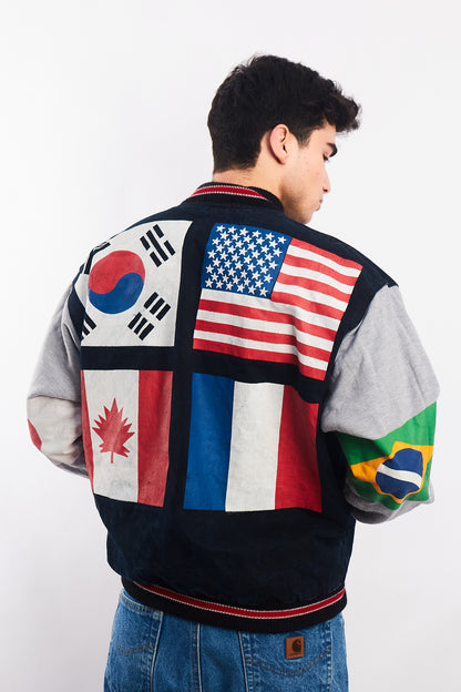1990 Vintage All Flags Cotton Varsity Jacket (L)