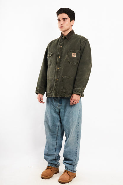 2000 Vintage Carhartt Moss Green Sandstone Michigan Chore Coat (M)