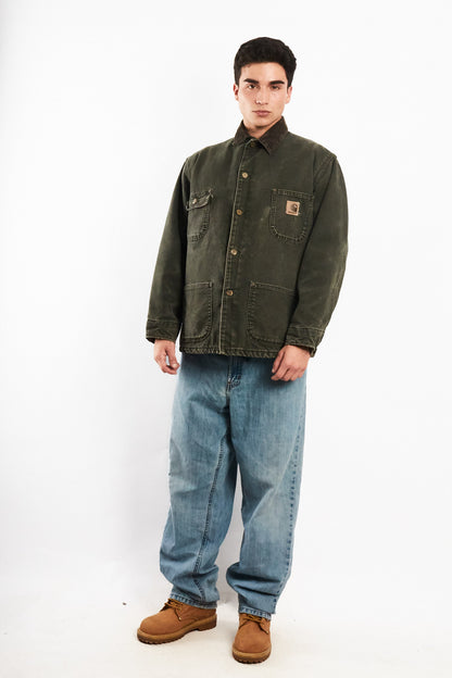 2000 Vintage Carhartt Moss Green Sandstone Michigan Chore Coat (M)