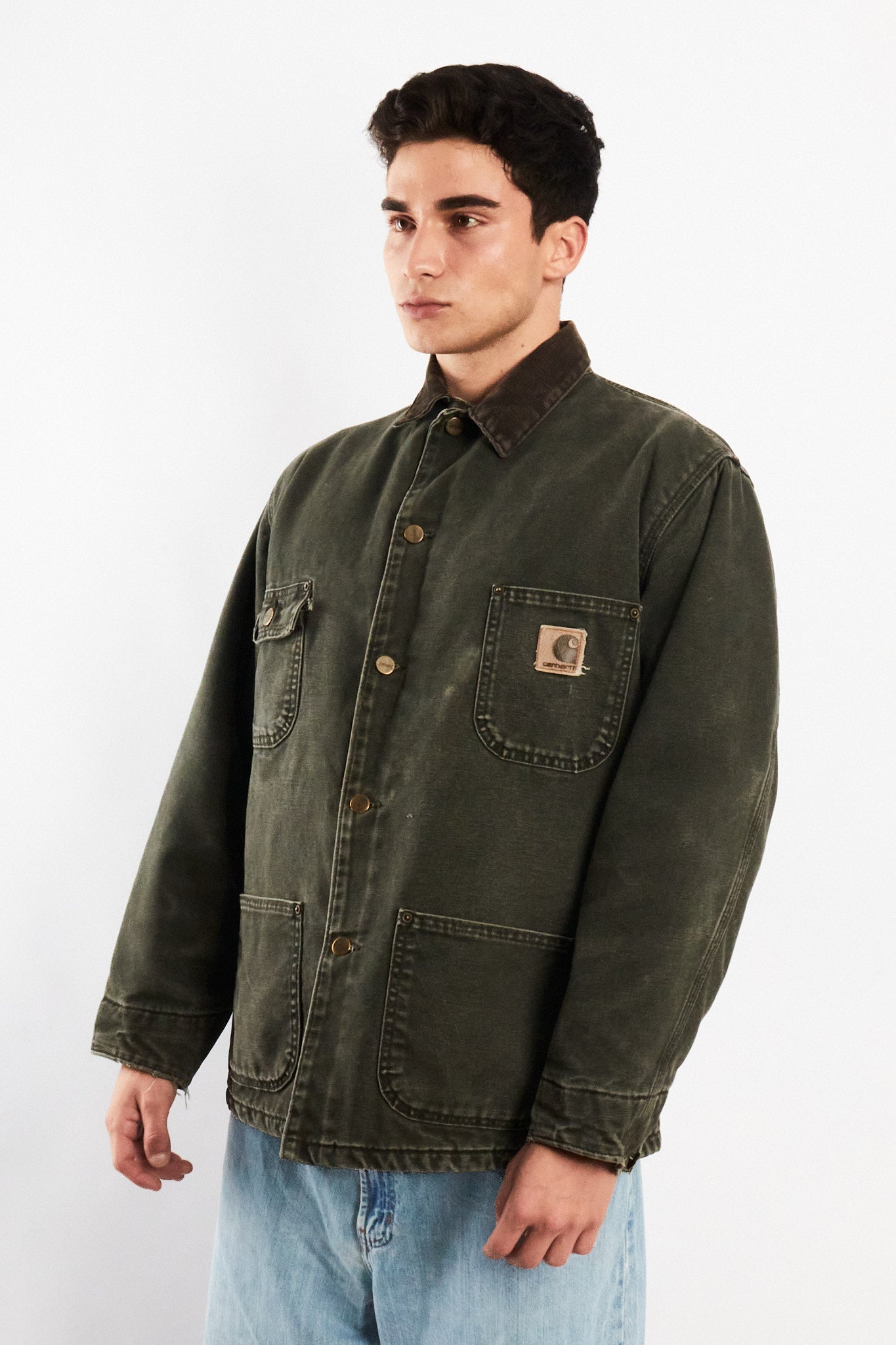 2000 Vintage Carhartt Moss Green Sandstone Michigan Chore Coat (M)