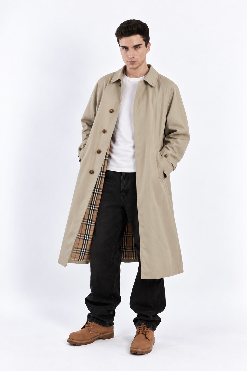 2000 Vintage Burberry's Beige Tartan Trench Coat (L/XL)