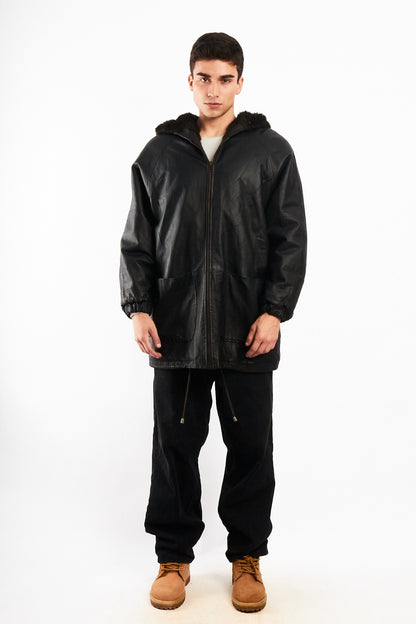 2000 Vintage Reversible Leather / Faux Fur Hooded Coat (L/XL)