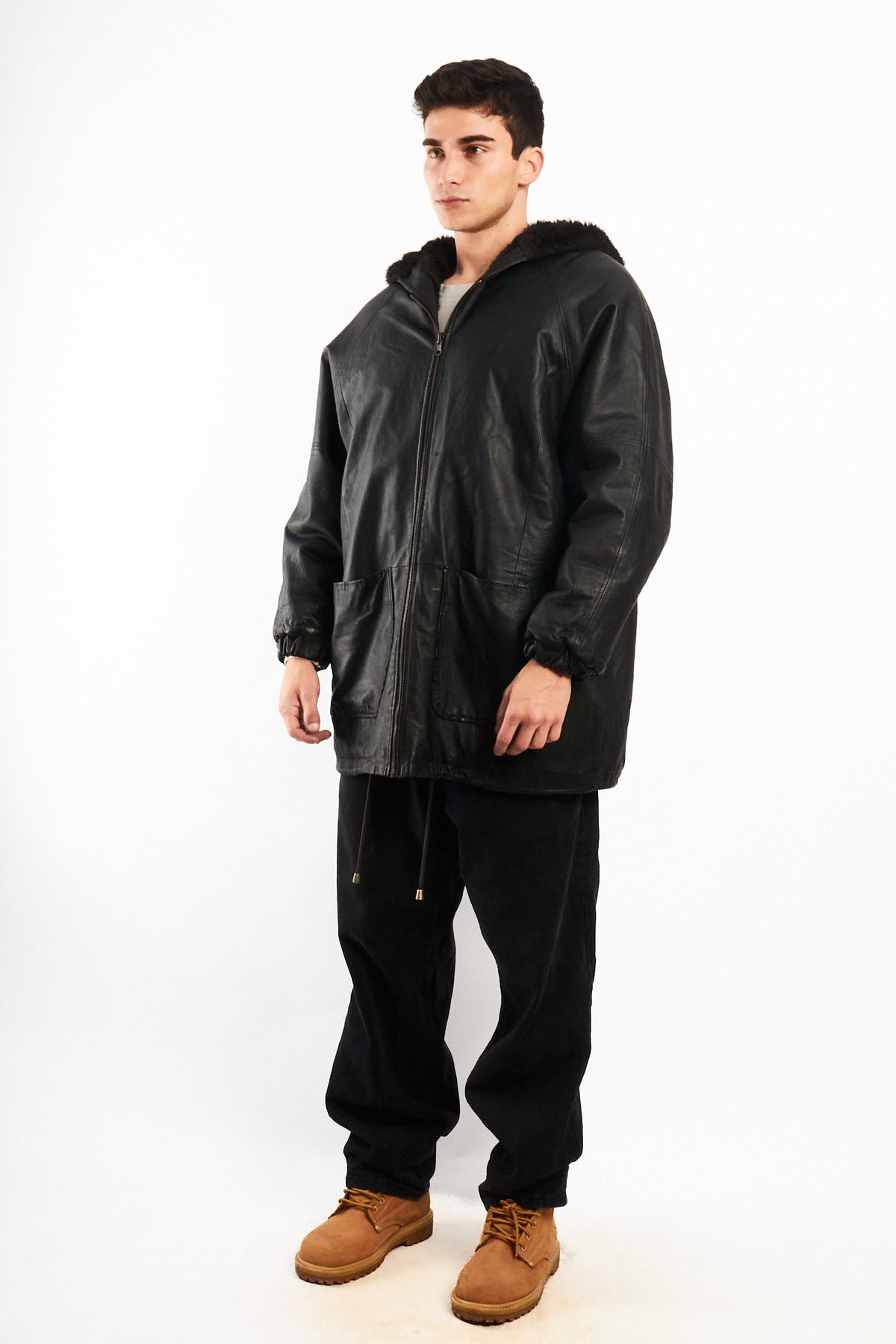 2000 Vintage Reversible Leather / Faux Fur Hooded Coat (L/XL)