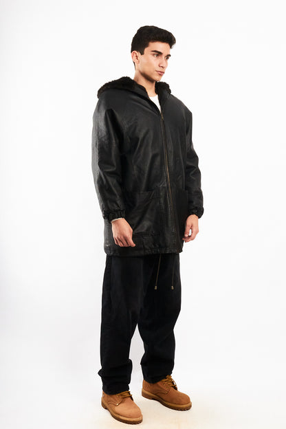 2000 Vintage Reversible Leather / Faux Fur Hooded Coat (L/XL)