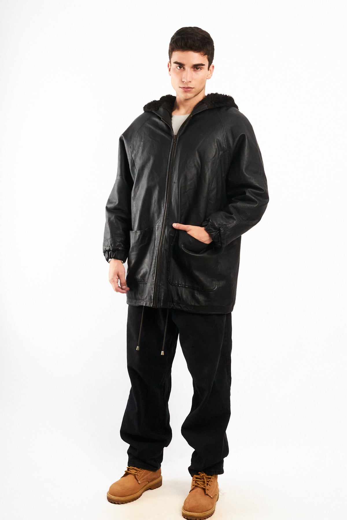 2000 Vintage Reversible Leather / Faux Fur Hooded Coat (L/XL)