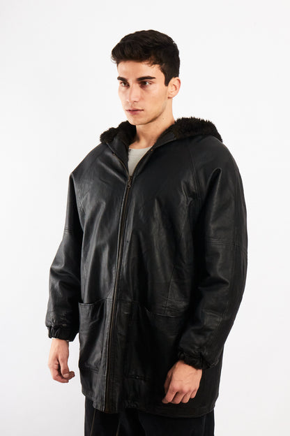 2000 Vintage Reversible Leather / Faux Fur Hooded Coat (L/XL)