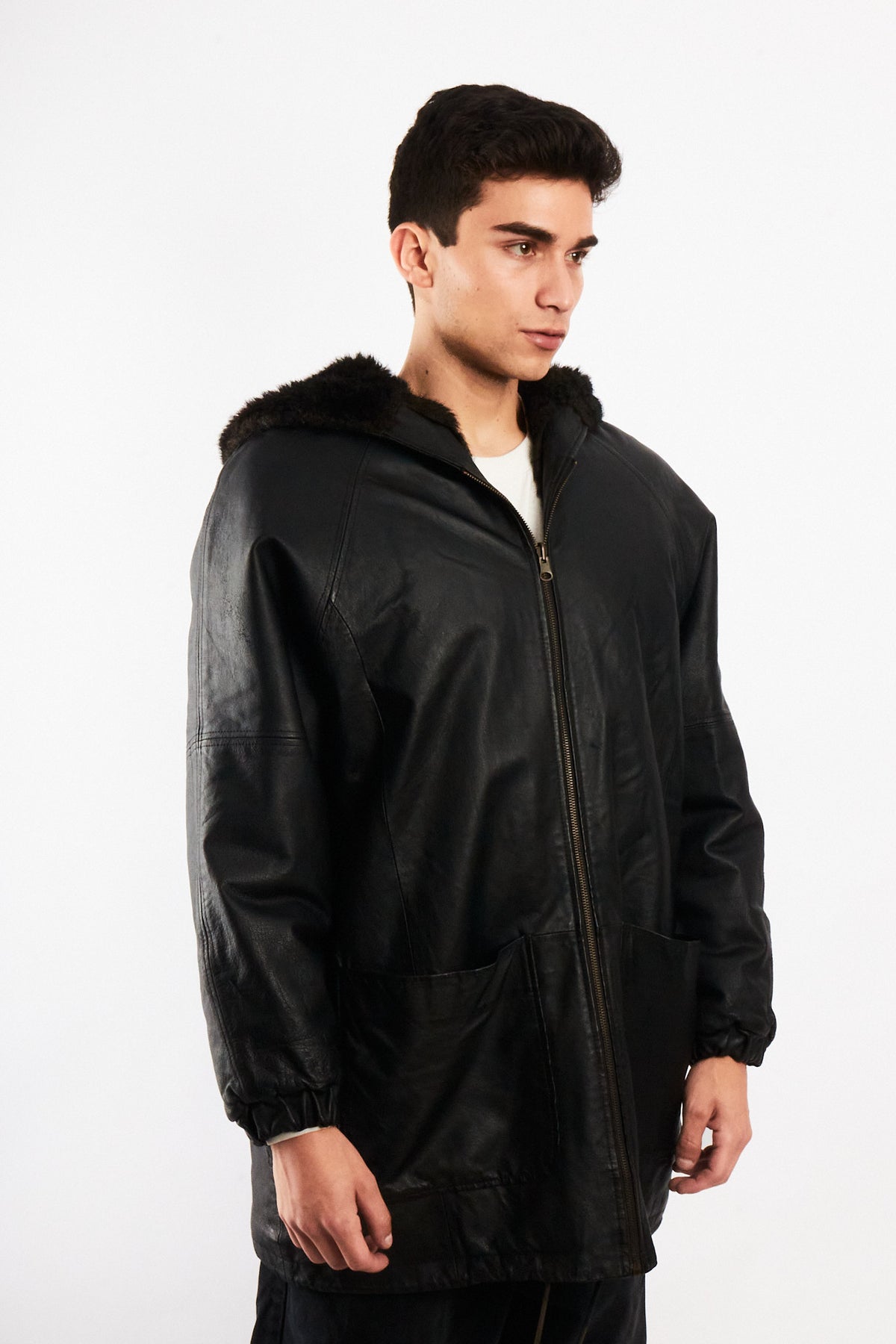 2000 Vintage Reversible Leather / Faux Fur Hooded Coat (L/XL)