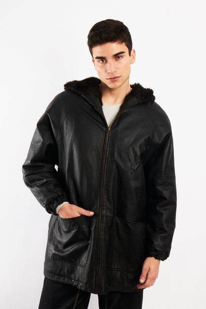 2000 Vintage Reversible Leather / Faux Fur Hooded Coat (L/XL)