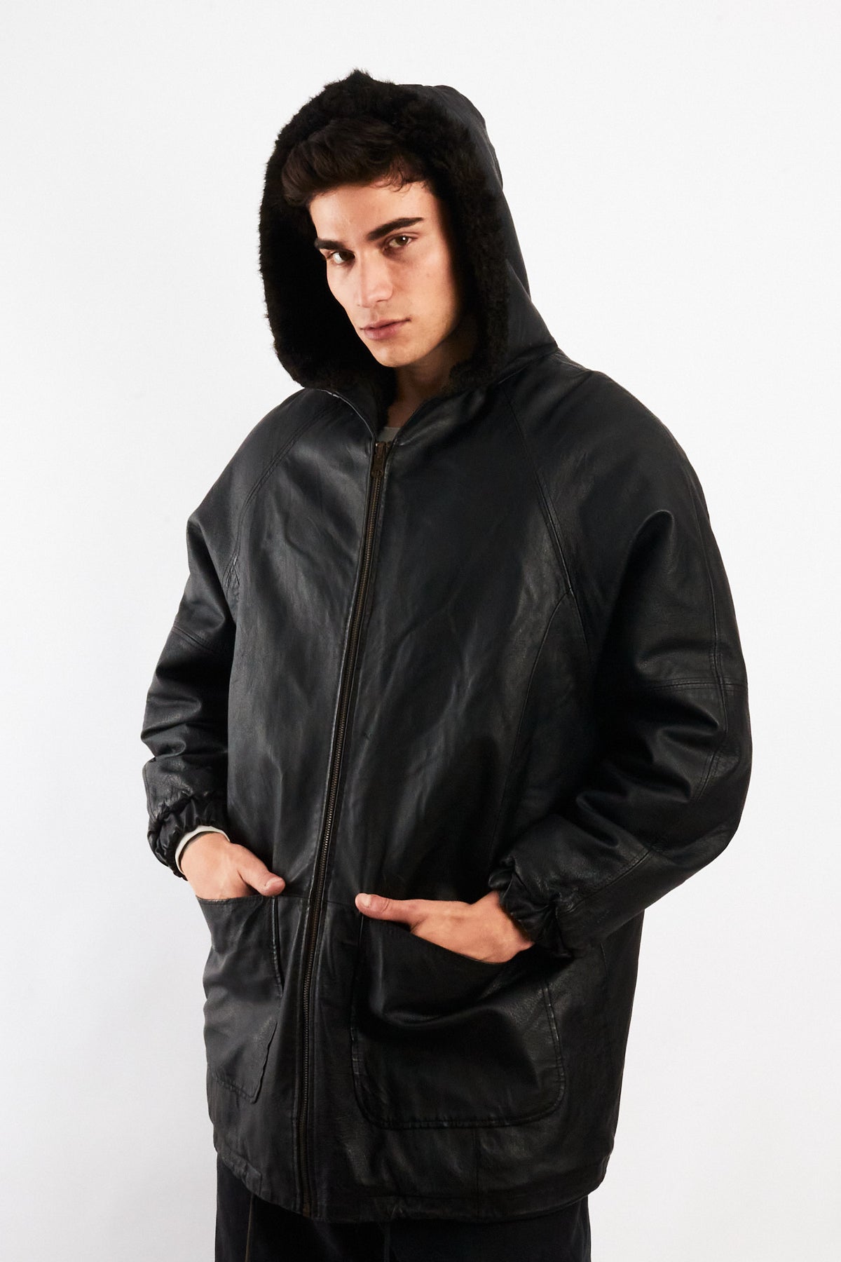 2000 Vintage Reversible Leather / Faux Fur Hooded Coat (L/XL)