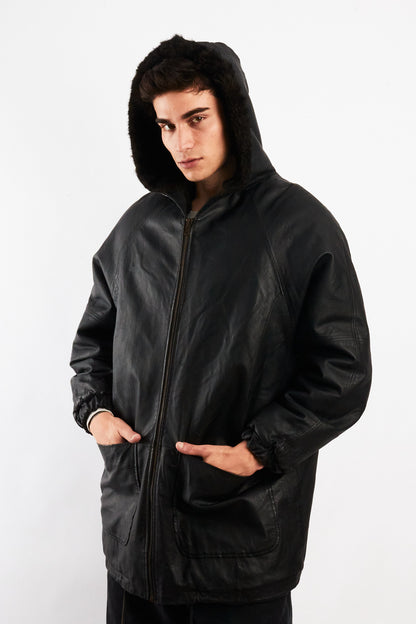 2000 Vintage Reversible Leather / Faux Fur Hooded Coat (L/XL)