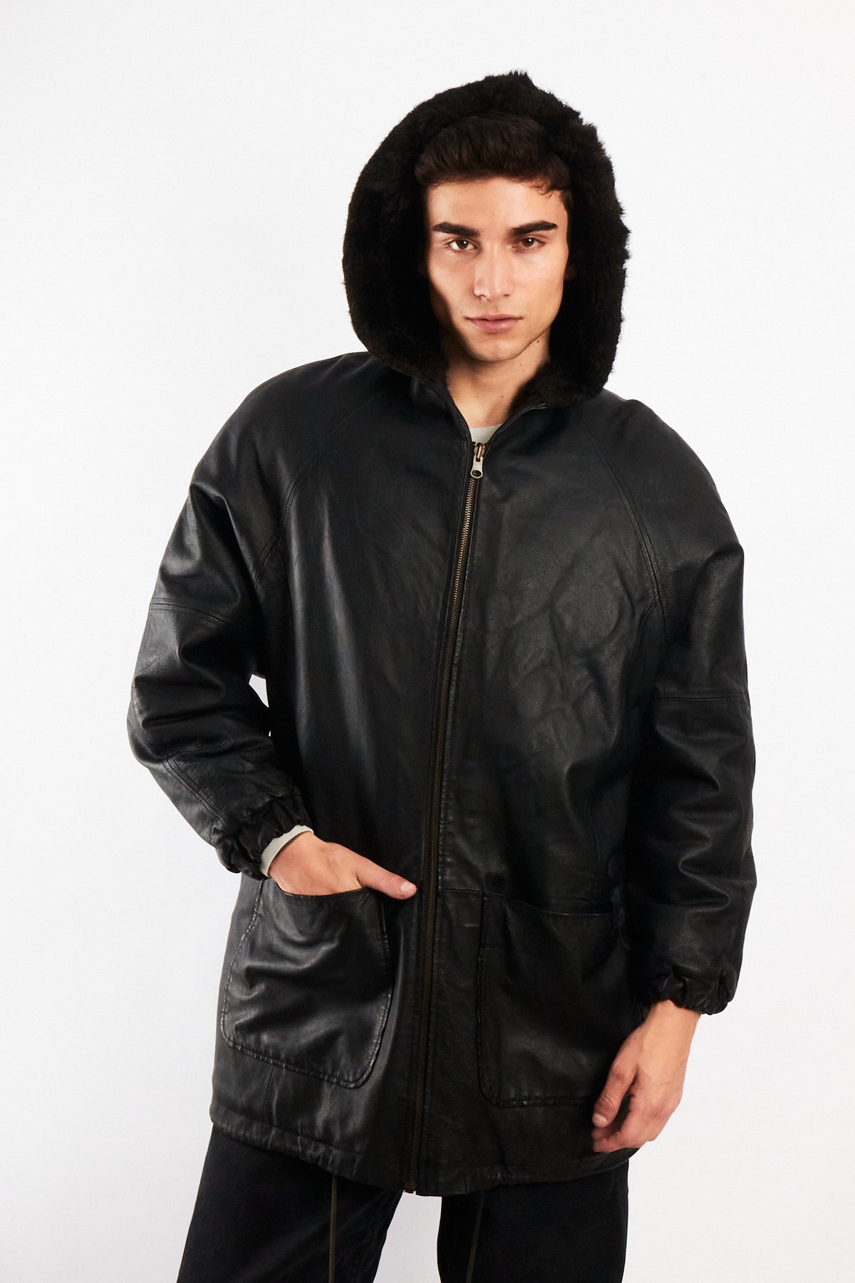 2000 Vintage Reversible Leather / Faux Fur Hooded Coat (L/XL)