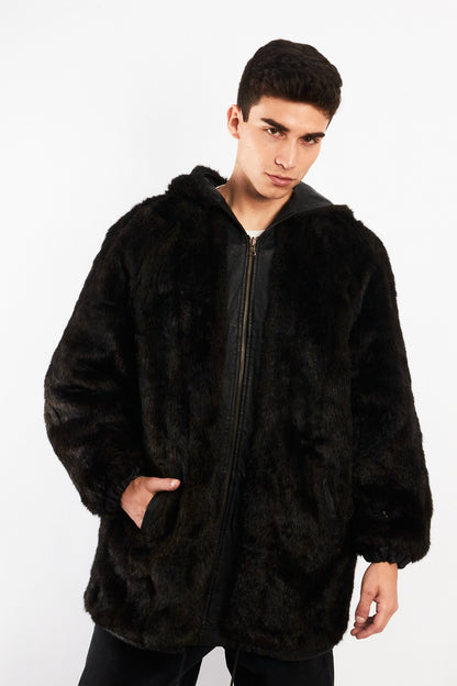 2000 Vintage Reversible Leather / Faux Fur Hooded Coat (L/XL)