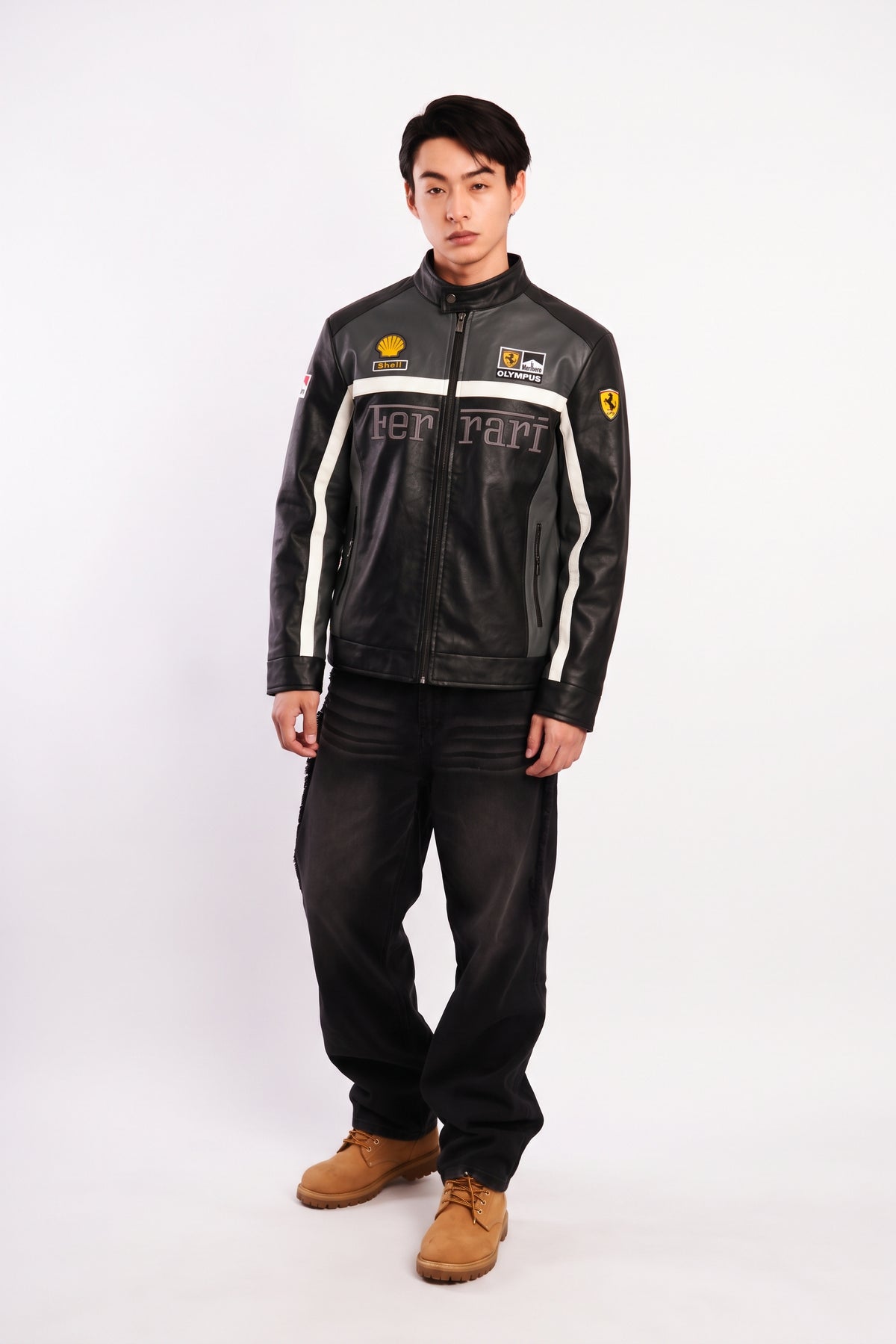 F1 Scuderia Ferrari Schumacher Grey and Black Edition Vegan Leather Racing Jacket