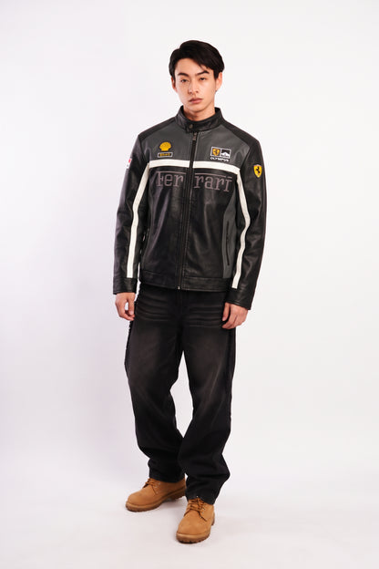 F1 Scuderia Ferrari Schumacher Grey and Black Edition Vegan Leather Racing Jacket