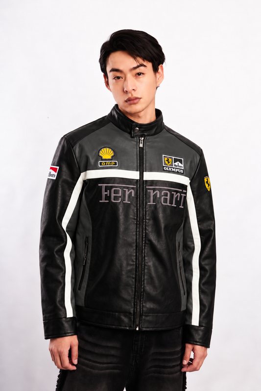 F1 Scuderia Ferrari Schumacher Grey and Black Edition Vegan Leather Racing Jacket