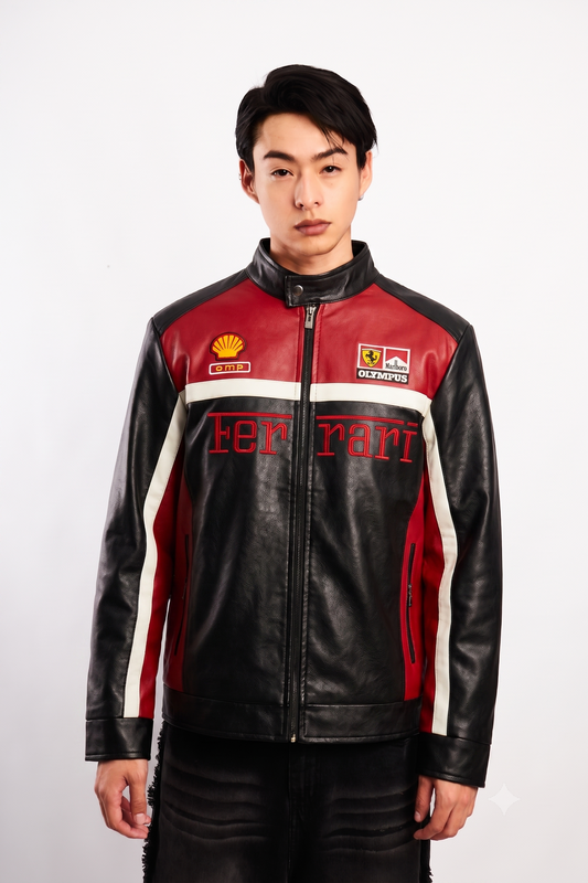 F1 Scuderia Ferrari Schumacher Rosso and Black Edition Vegan Leather Racing Jacket