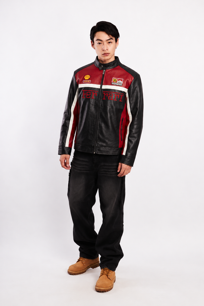 F1 Scuderia Ferrari Schumacher Rosso and Black Edition Vegan Leather Racing Jacket