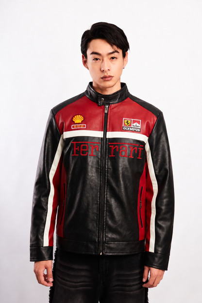 F1 Scuderia Ferrari Schumacher Rosso and Black Edition Vegan Leather Racing Jacket