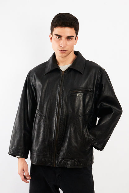 2000 Vintage Eddie Bauer Black Leather Harrington (M/L)