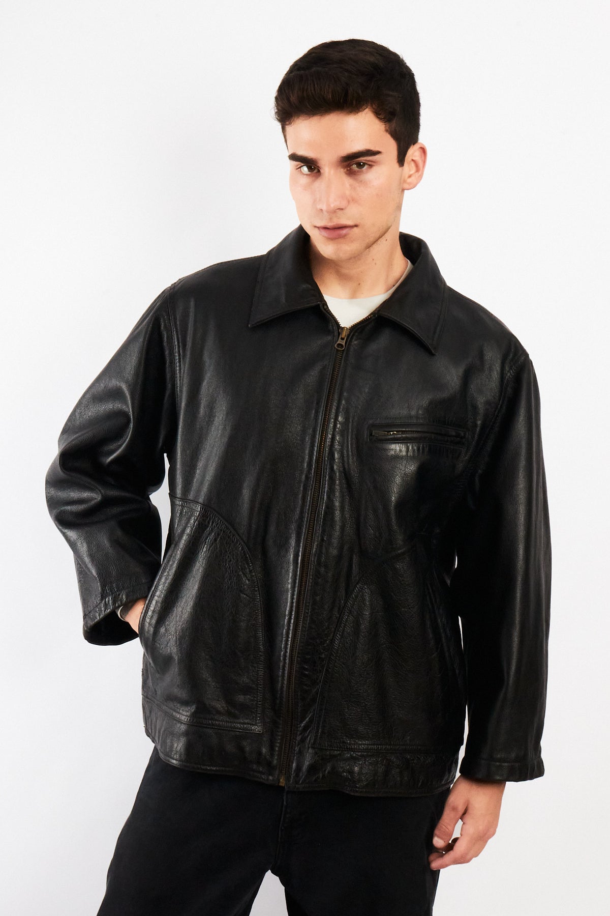 2000 Vintage Eddie Bauer Black Leather Harrington (M/L)