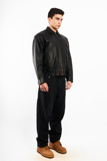 2000 Vintage Black Leather Harrington Jacket (M)