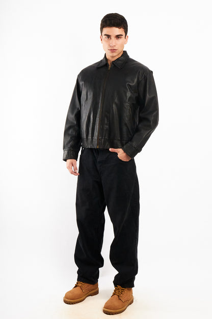 2000 Vintage Black Leather Harrington Jacket (M)