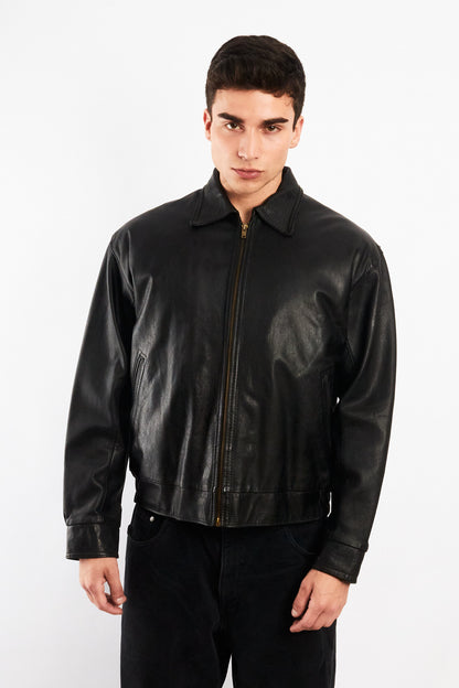 2000 Vintage Black Leather Harrington Jacket (M)
