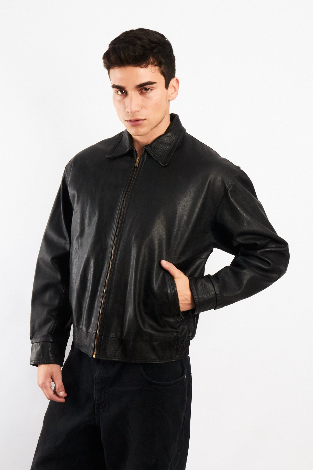 2000 Vintage Black Leather Harrington Jacket (M)