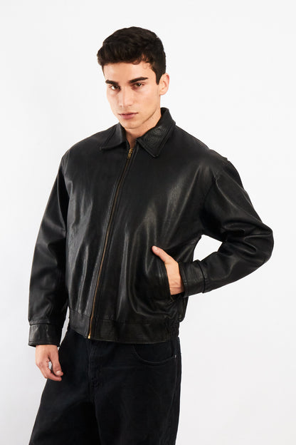 2000 Vintage Black Leather Harrington Jacket (M)