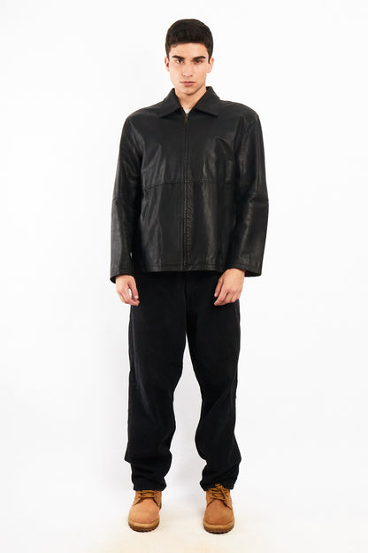 2000 Vintage Black Leather Harrington Jacket (M/L)