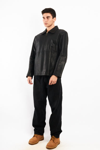 2000 Vintage Black Leather Harrington Jacket (M/L)