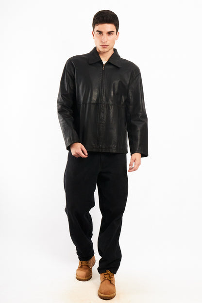 2000 Vintage Black Leather Harrington Jacket (M/L)