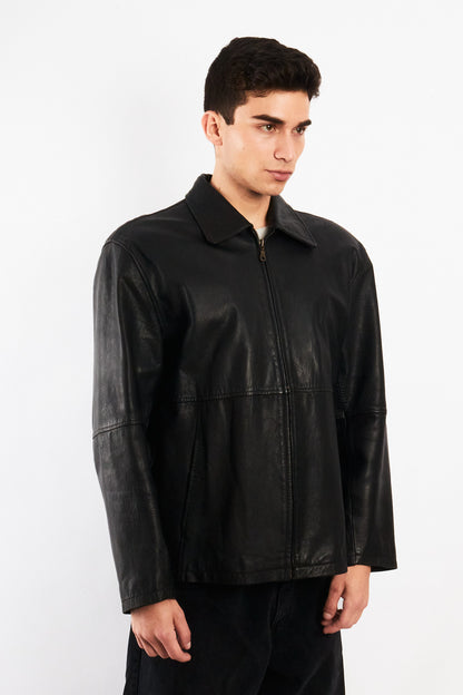 2000 Vintage Black Leather Harrington Jacket (M/L)