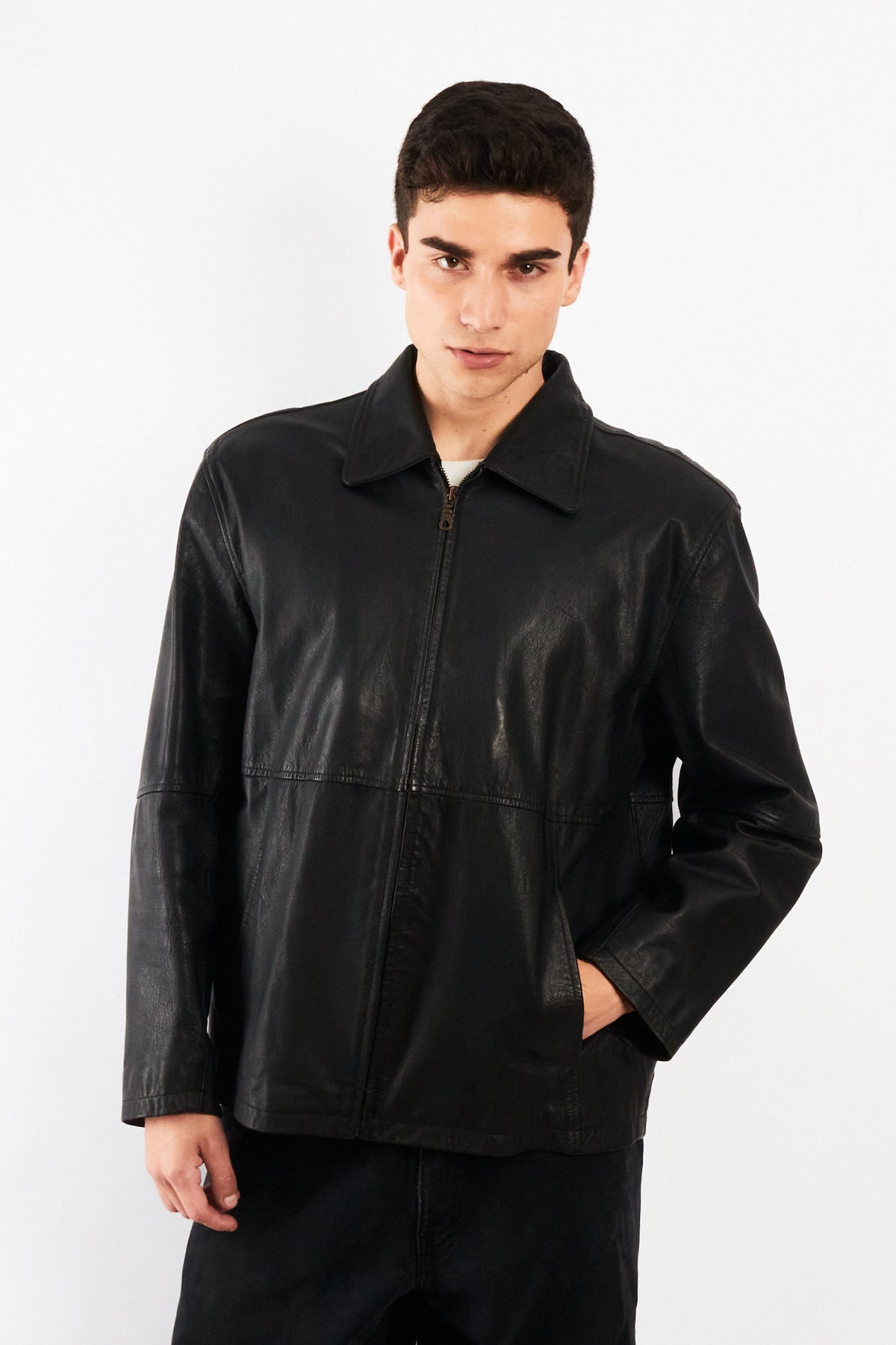 2000 Vintage Black Leather Harrington Jacket (M/L)
