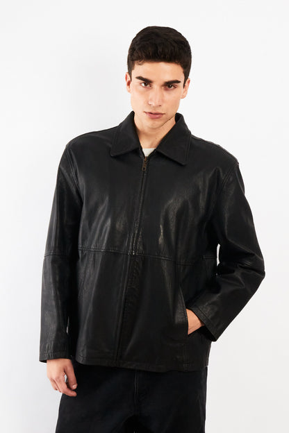 2000 Vintage Black Leather Harrington Jacket (M/L)