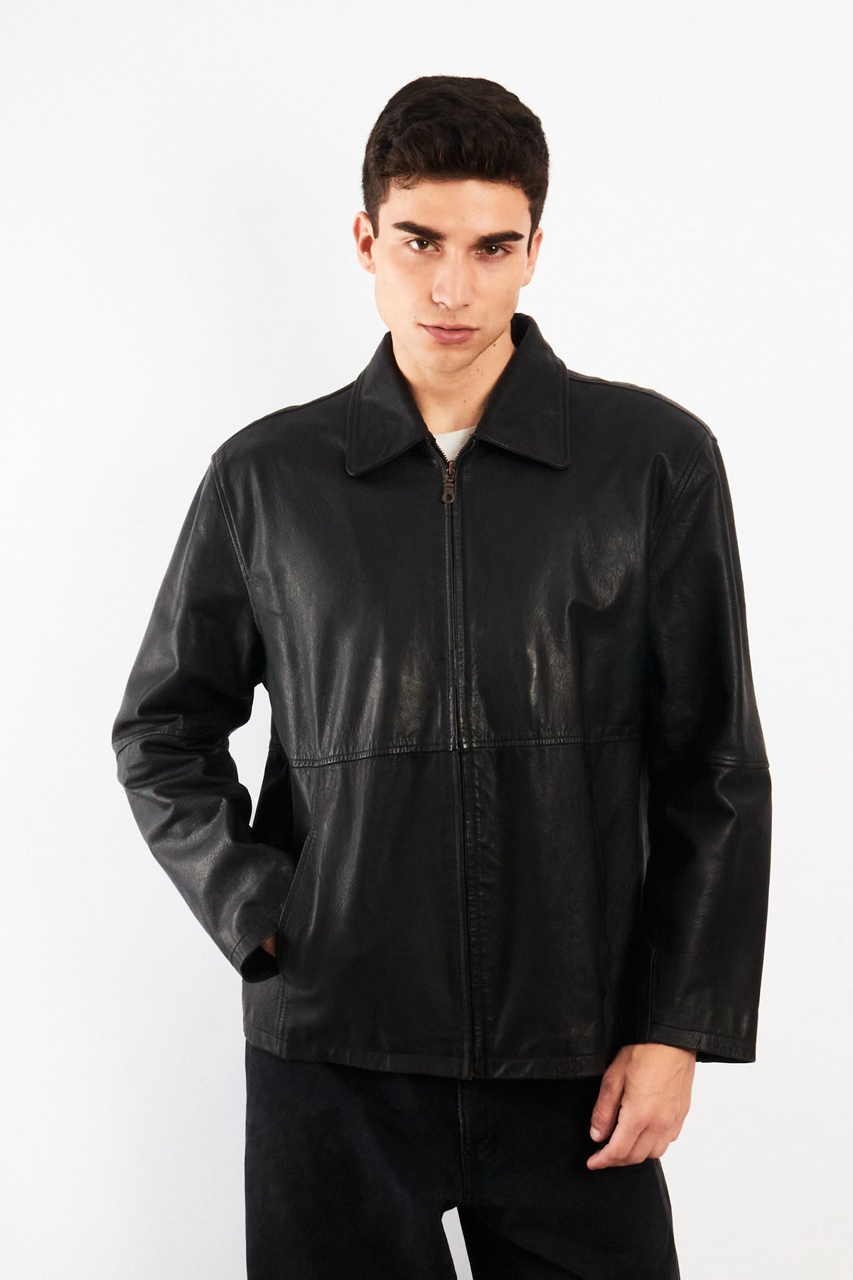 2000 Vintage Black Leather Harrington Jacket (M/L)