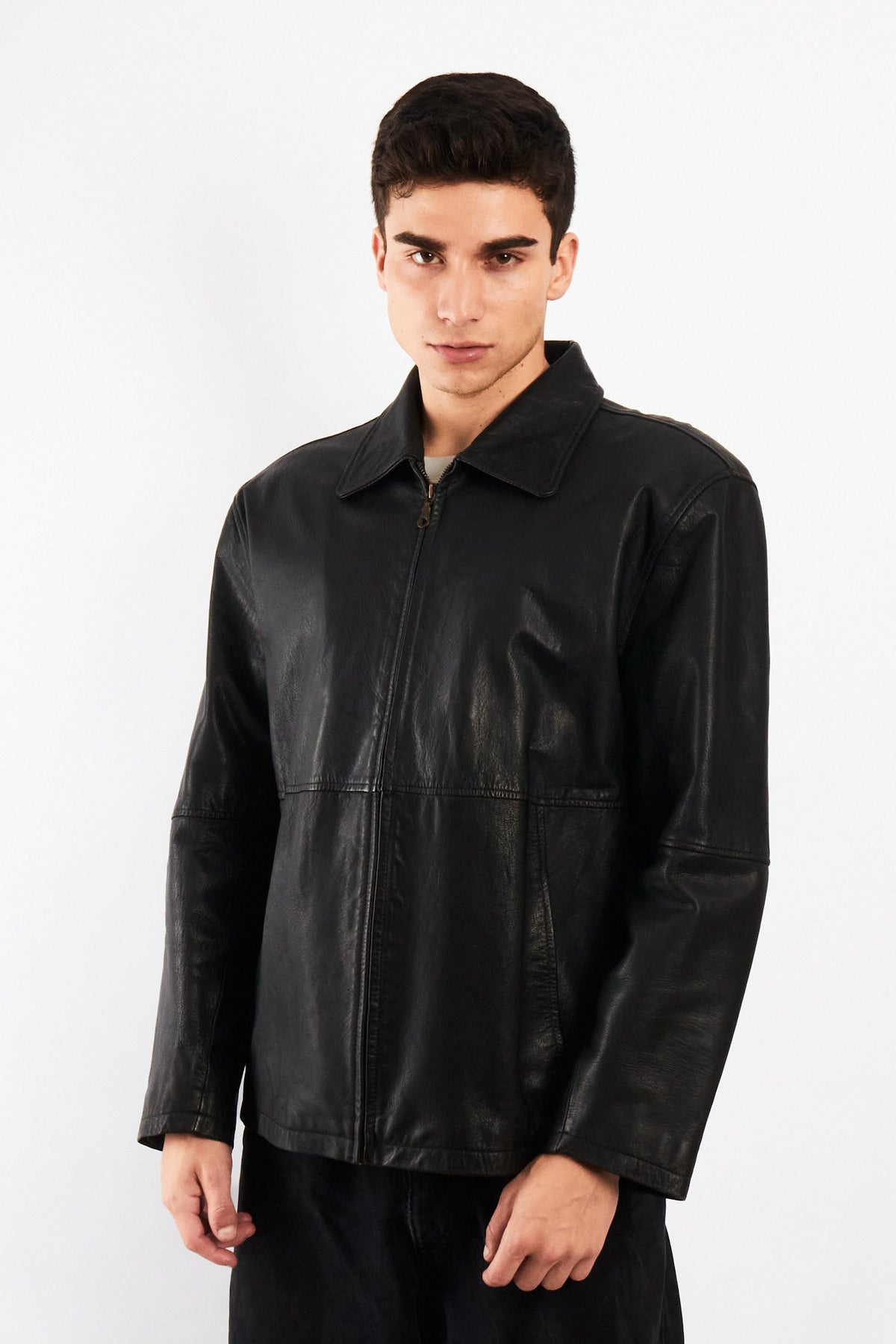 2000 Vintage Black Leather Harrington Jacket (M/L)