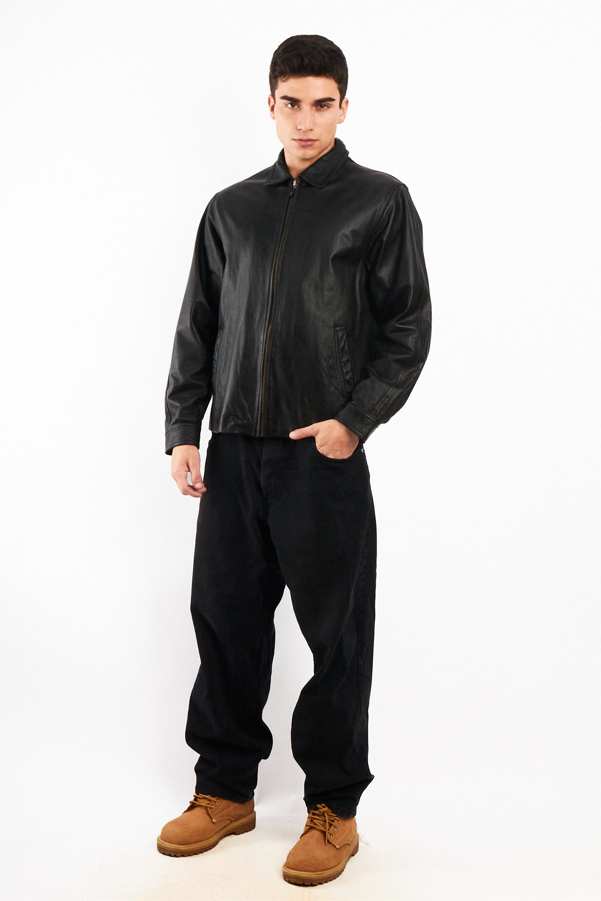 2000 Vintage Leather Black Harrington Jacket (M)