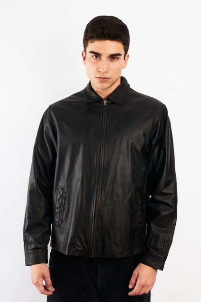 2000 Vintage Leather Black Harrington Jacket (M)