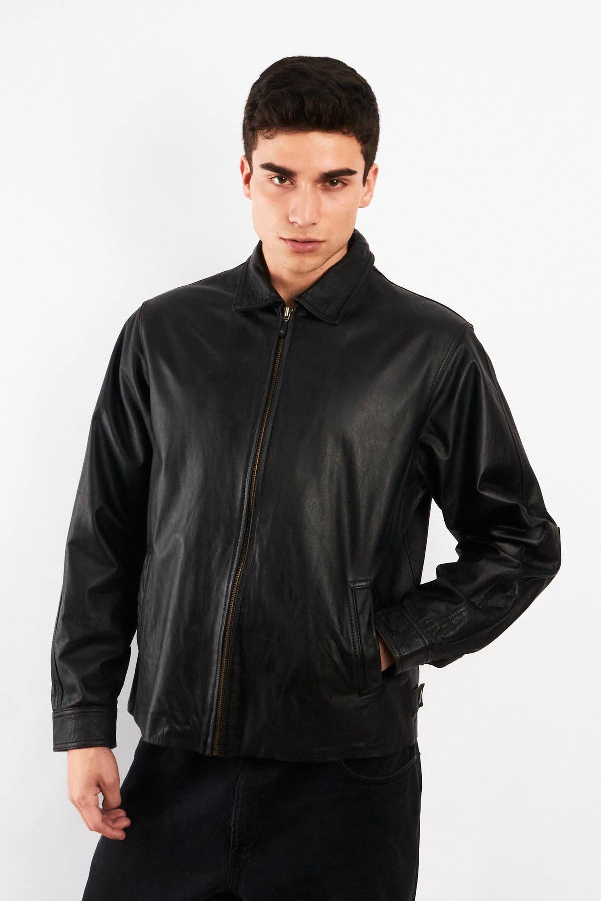 2000 Vintage Leather Black Harrington Jacket (M)