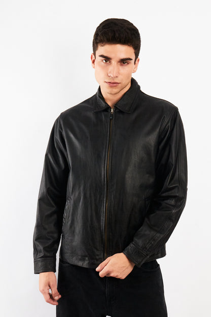 2000 Vintage Leather Black Harrington Jacket (M)