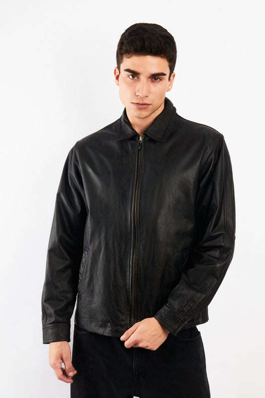 2000 Vintage Leather Black Harrington Jacket (M)