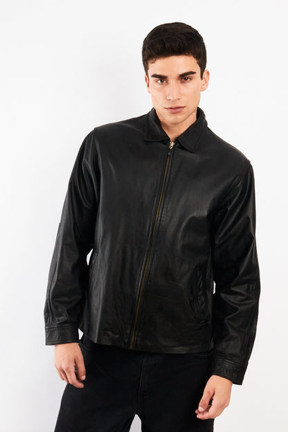 2000 Vintage Leather Black Harrington Jacket (M)