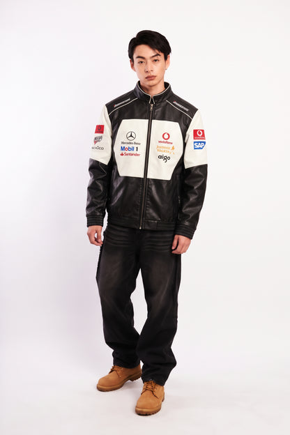 F1 Mclaren Mercedes "Hamilton" Black Vegan Leather Racing Jacket