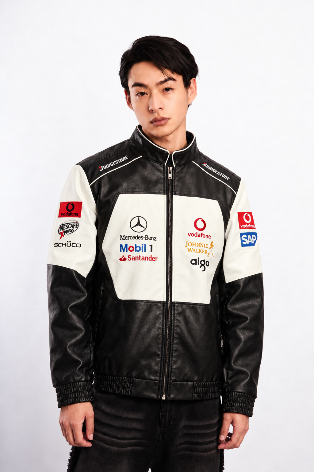 F1 Mclaren Mercedes "Hamilton" Black Vegan Leather Racing Jacket