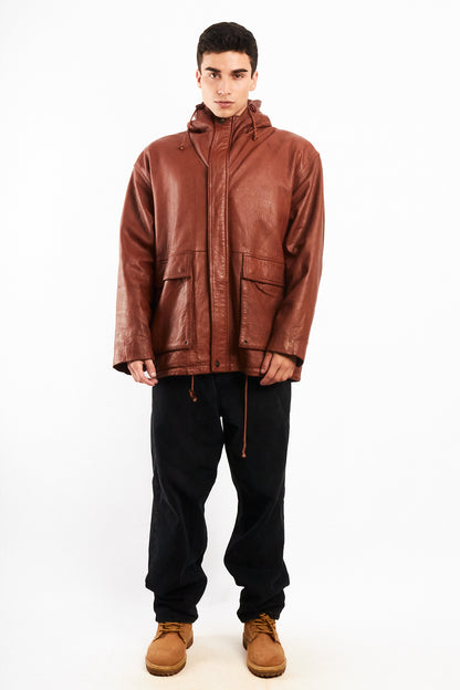 2000 Vintage Leather Caramel Hooded Coat (M/L)