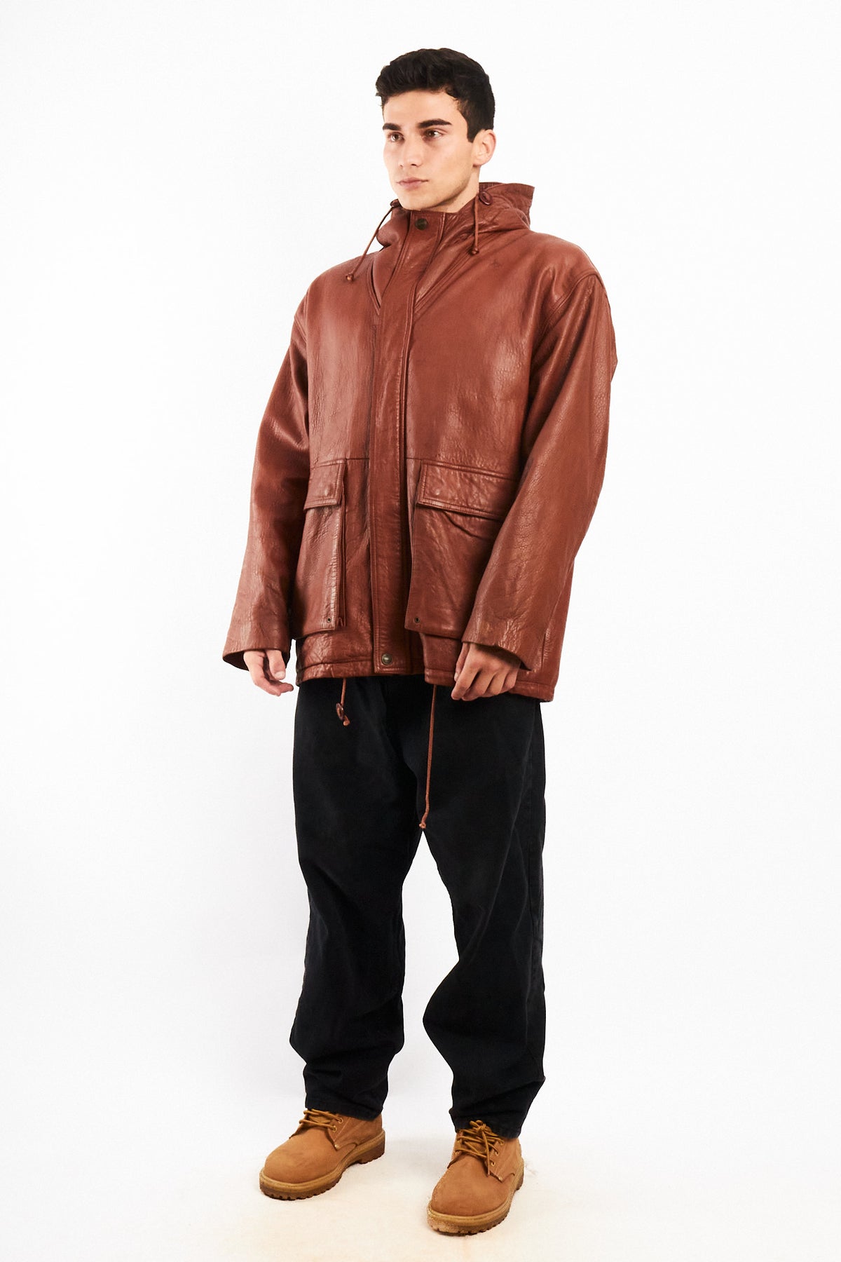 2000 Vintage Leather Caramel Hooded Coat (M/L)