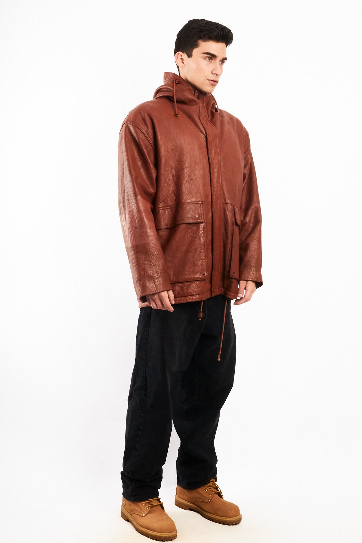 2000 Vintage Leather Caramel Hooded Coat (M/L)
