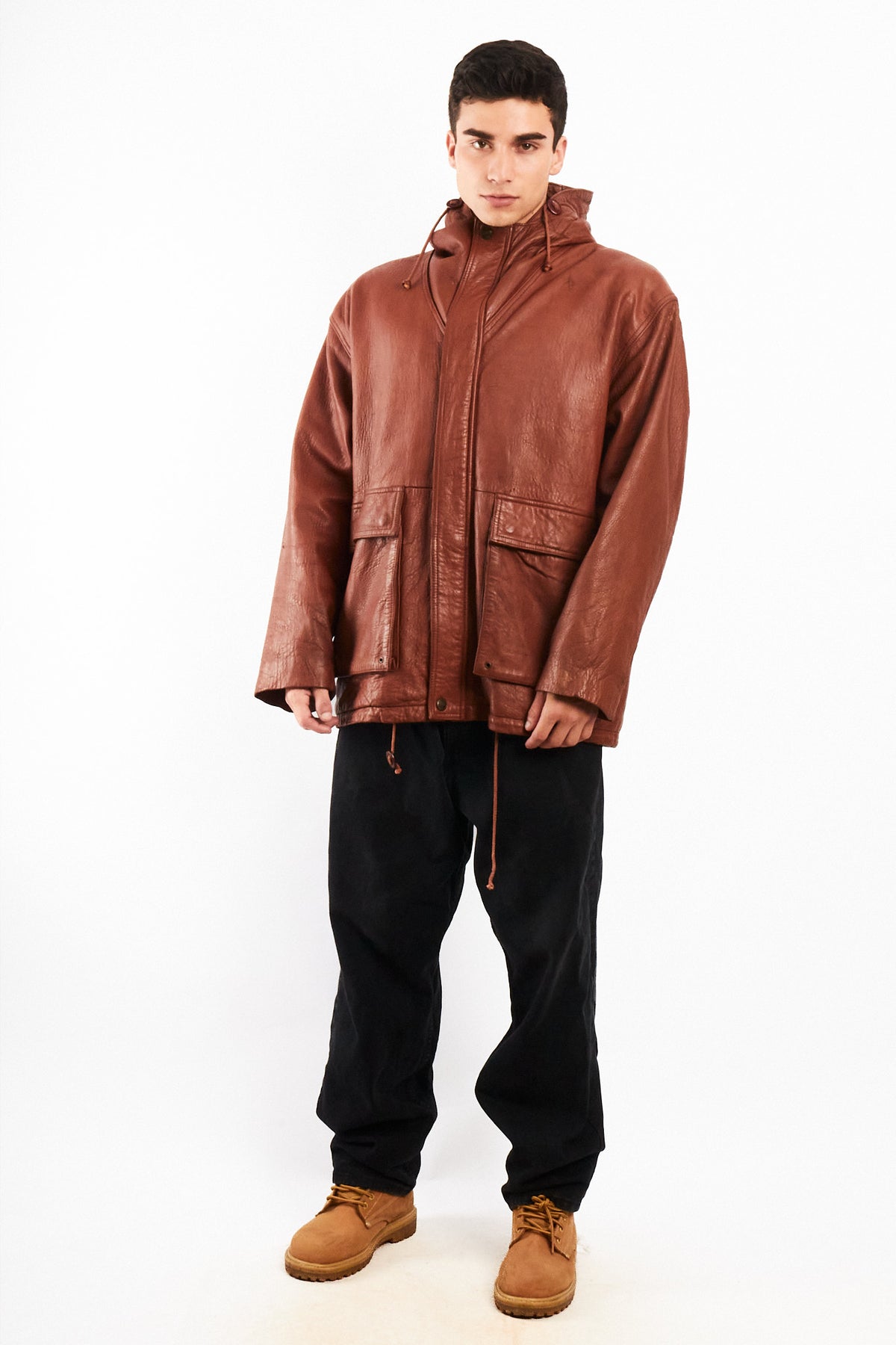2000 Vintage Leather Caramel Hooded Coat (M/L)