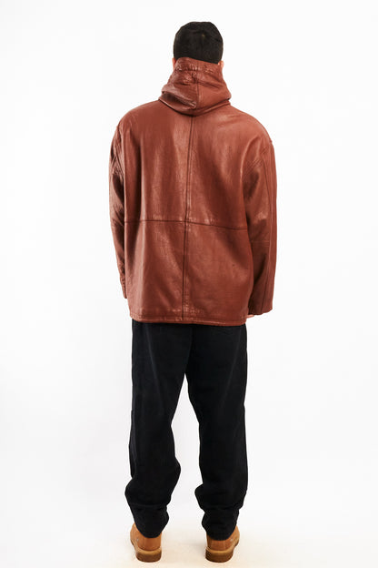 2000 Vintage Leather Caramel Hooded Coat (M/L)